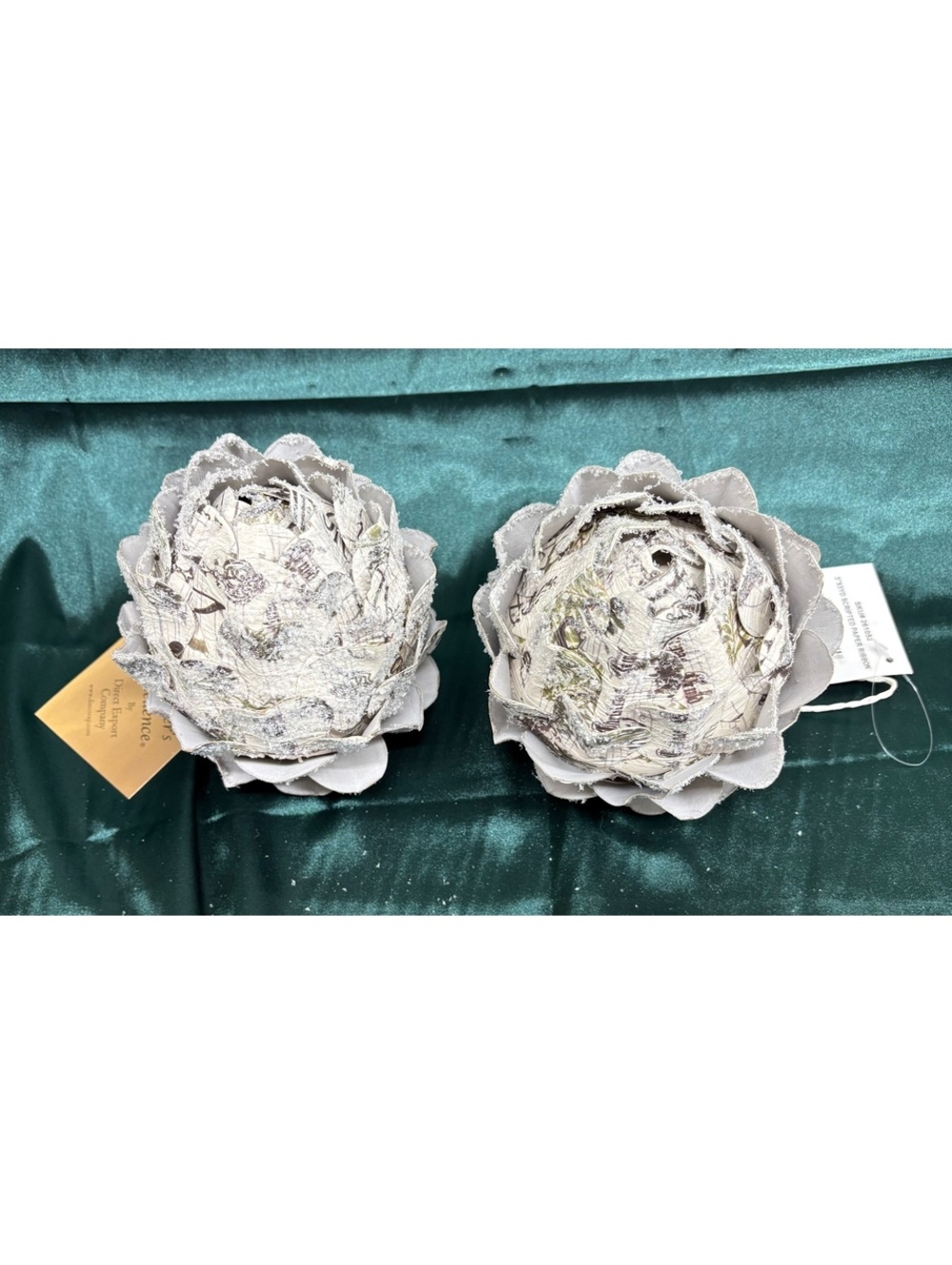 Designer's Excellence Scripted Paper Ribbon Ornaments Farmhouse Pair Of Two NWT
